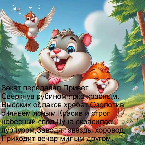 Открытка Закат передавал Привет Сверкнув рубином ярко-красным. Высоких облаков хребет Озолотив сияньем ясным.