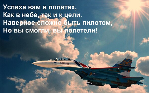 Открытка Успеха вам в полетах, Как в небе, так и к цели. Наверное сложно быть пилотом, Но вы смогли, вы полет