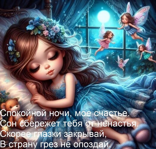 Открытка Спокойной ночи, мое счастье. Сон сбережет тебя от ненастья. Скорее глазки закрывай, В страну грез не