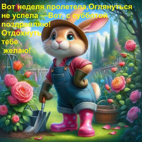 Открытка Вот неделя пролетела, Оглянуться не успела — Вот, с субботой поздравляю! Отдохнуть тебе желаю!