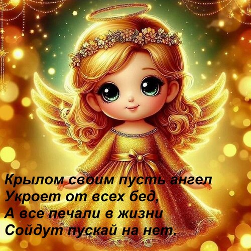 Открытка Крылом своим пусть ангел Укроет от всех бед, А все печали в жизни Сойдут пускай на нет.