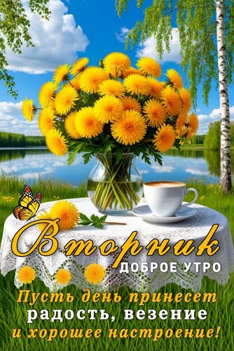 Открытка ВТОРНИК. ДОБРОЕ УТРО. ПУСТЬ ДЕНЬ ПРИНЕСЕТ РАДОСТЬ, ВЕЗЕНИЕ И ХОРОШЕЕ НАСТРОЕНИЕ!