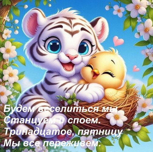 Открытка Будем веселиться мы, Станцуем и споем. Тринадцатое, пятницу Мы все переживем.