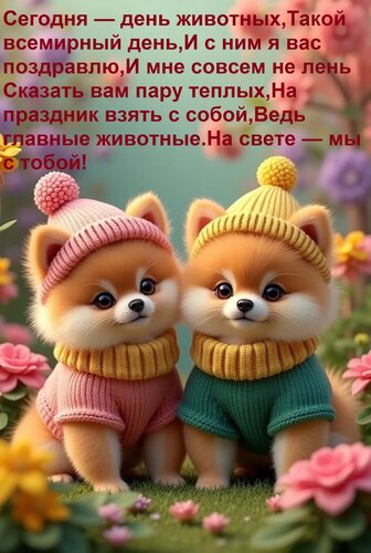 Открытка Сегодня — день животных, Такой всемирный день, И с ним я вас поздравлю, И мне совсем не лень Сказать