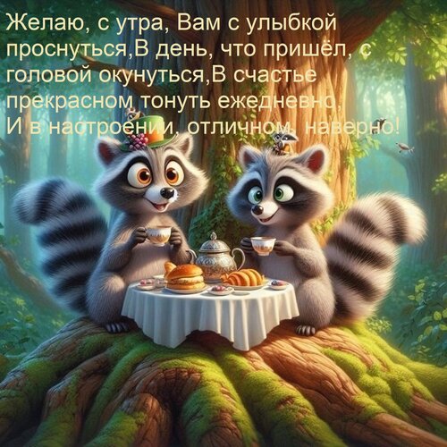 Открытка Желаю, с утра, Вам с улыбкой проснуться, В день, что пришёл, с головой окунуться, В счастье прекрасн