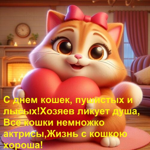 Открытка С днем кошек, пушистых и лысых! Хозяев ликует душа, Все кошки немножко актрисы, Жизнь с кошкою хорош
