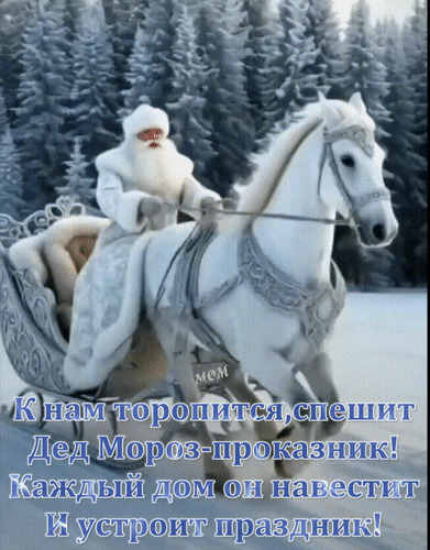 Анимированная открытка К нам торопится, спешит Дед Мороз-проказник! Каждый дом он навестит и устроит праздник!