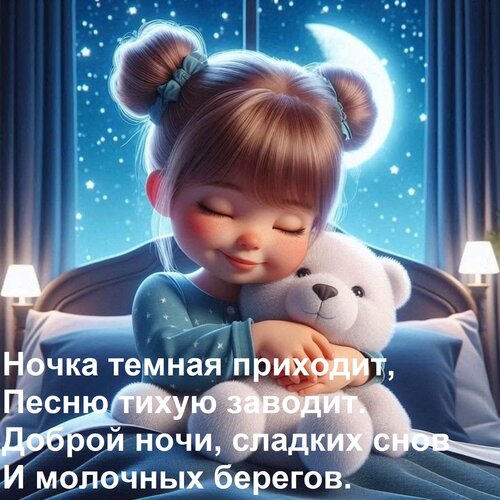 Открытка Ночка темная приходит, Песню тихую заводит. Доброй ночи, сладких снов И молочных берегов.