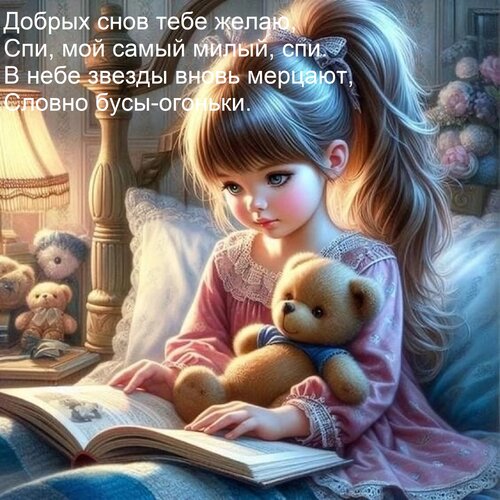 Открытка Добрых снов тебе желаю, Спи, мой самый милый, спи. В небе звезды вновь мерцают, Словно бусы-огоньки.