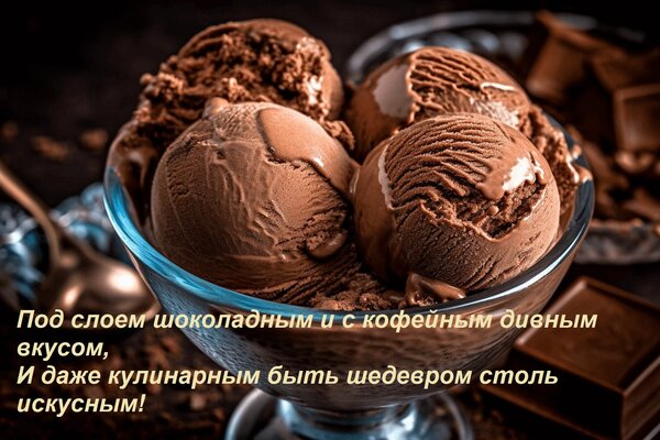 Открытка Под слоем шоколадным и с кофейным дивным вкусом, И даже кулинарным быть шедевром столь искусным!