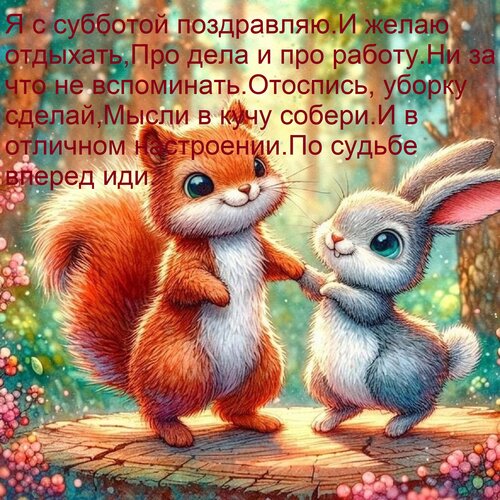 Открытка Я с субботой поздравляю И желаю отдыхать, Про дела и про работу Ни за что не вспоминать. Отоспись, у