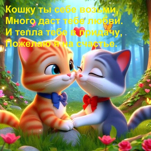 Открытка Кошку ты себе возьми, Много даст тебе любви. И тепла тебе в придачу, Пожелаю я на счастье.