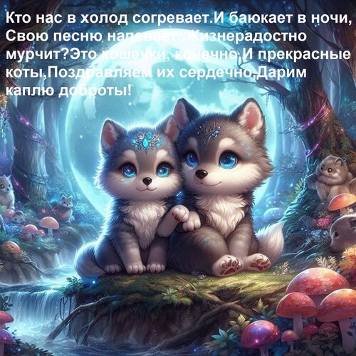 Открытка Кто нас в холод согревает И баюкает в ночи, Свою песню напевает, Жизнерадостно мурчит? Это кошечки,