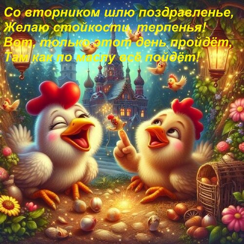 Открытка Со вторником шлю поздравленье, Желаю стойкости, терпенья! Вот, только этот день пройдёт, Там как по