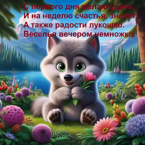 Открытка С первого дня желаю удачи. И на неделю счастья, значит. А также радости лукошко. Веселья вечером нем