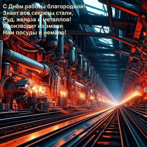 Открытка С Днём работы благородной! Знает все секреты стали, Руд, железа и металлов! Производит из эмали Нам