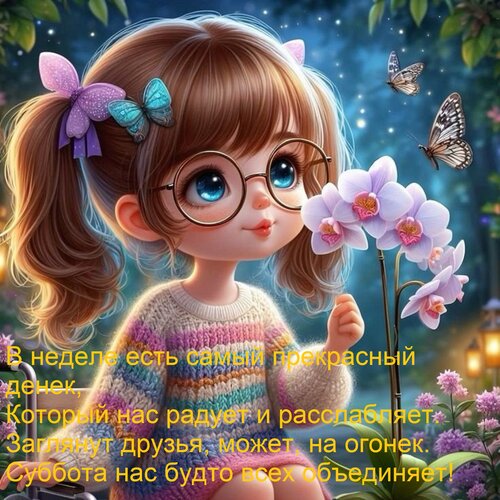 Открытка В неделе есть самый прекрасный денек, Который нас радует и расслабляет. Заглянут друзья, может, на о