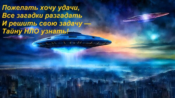 Открытка Пожелать хочу удачи, Все загадки разгадать И решить свою задачу — Тайну НЛО узнать!