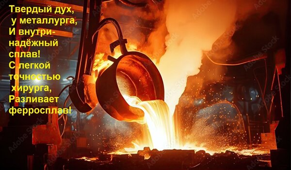 Открытка Твердый дух, у металлурга, И внутри-надёжный сплав! С легкой точностью хирурга, Разливает ферросплав