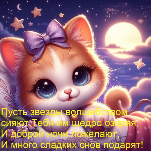 Открытка Пусть звезды волшебством сияют,Тебя им щедро озаряя, И доброй ночи пожелают, И много сладких снов по