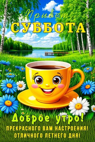 Открытка ПРИВЕТ СУББОТА! ДОБРОЕ УТРО! ПРЕКРАСНОГО ВАМ НАСТРОЕНИЯ! ОТЛИЧНОГО ЛЕТНЕГО ДНЯ!