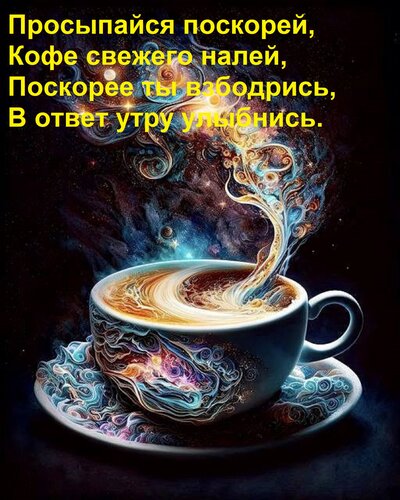 Открытка Просыпайся поскорей, Кофе свежего налей, Поскорее ты взбодрись, В ответ утру улыбнись.