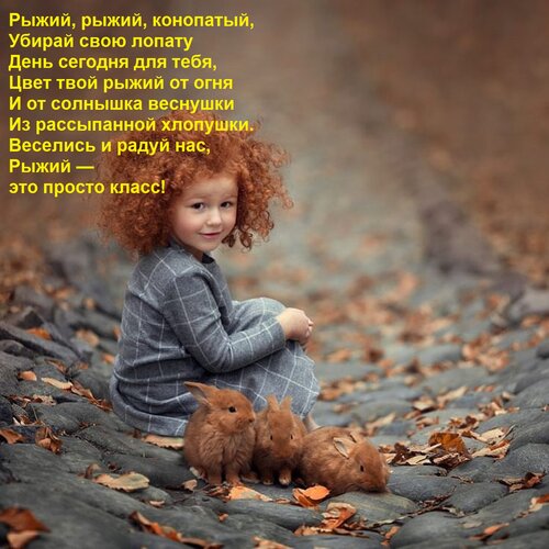 Открытка Рыжий, рыжий, конопатый, Убирай свою лопату День сегодня для тебя, Цвет твой рыжий от огня И от солн