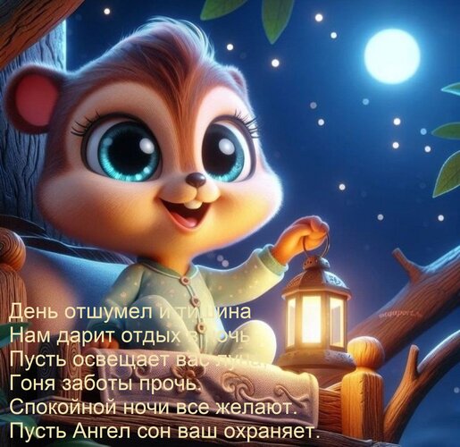 Открытка День отшумел и тишина Нам дарит отдых в ночь, Пусть освещает вас луна, Гоня заботы прочь. Спокойной