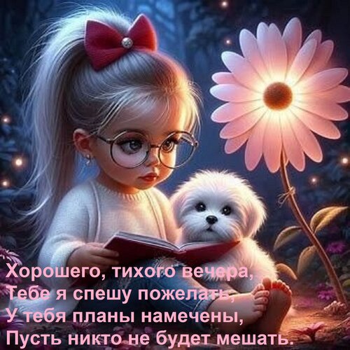 Открытка Хорошего, тихого вечера, Тебе я спешу пожелать, У тебя планы намечены, Пусть никто не будет мешать.