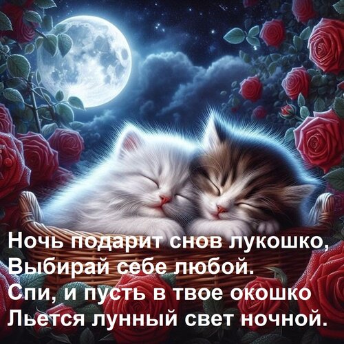 Открытка Ночь подарит снов лукошко, Выбирай себе любой. Спи, и пусть в твое окошко Льется лунный свет ночной.