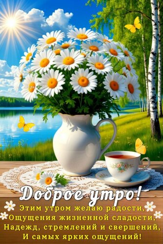 Открытка ДОБРОЕ УТРО! ЭТИМ УТРОМ ЖЕЛАЮ РАДОСТИ, ОЩУЩЕНИЯ ЖИЗНЕННОЙ СЛАДОСТИ, НАДЕЖД, СТРЕМЛЕНИЙ И СВЕРШЕНИЙ,