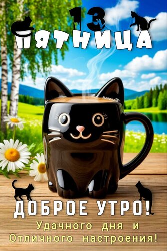 Открытка ПЯТНИЦА 13. ДОБРОЕ УТРО! УДАЧНОГО ДНЯ И ОТЛИЧНОГО НАСТРОЕНИЯ!