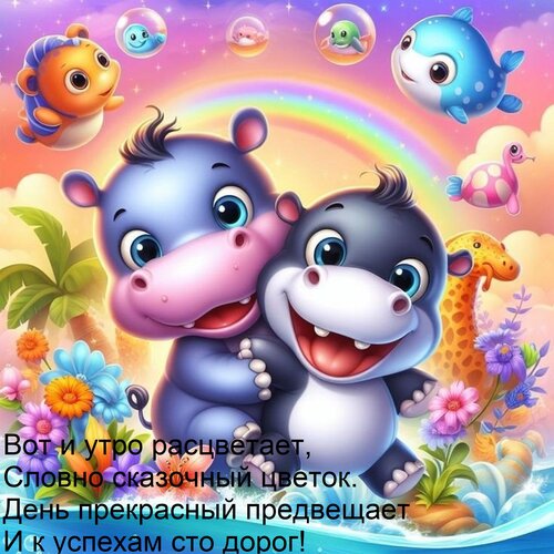 Открытка Вот и утро расцветает, Словно сказочный цветок. День прекрасный предвещает И к успехам сто дорог!