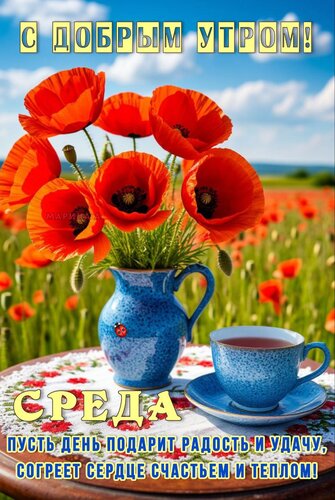 Открытка С ДОБРЫМ УТРОМ! СРЕДА. ПУСТЬ ДЕНЬ ПОДАРИТ РАДОСТЬ И УДАЧУ, СОГРЕЕТ СЕРДЦЕ СЧАСТЬЕМ И ТЕПЛОМ!