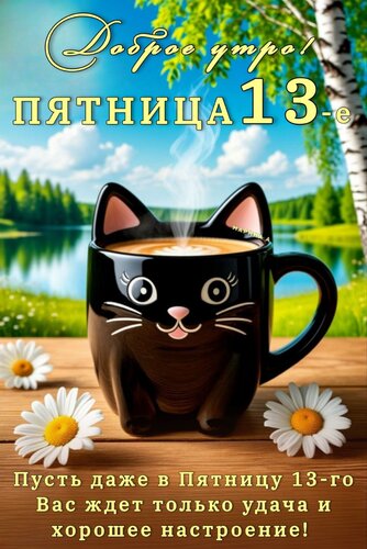 Открытка ДОБРОЕ УТРО! ПЯТНИЦА 13-Е. ПУСТЬ ДАЖЕ В ПЯТНИЦУ 13 - ГО ВАС ЖДЕТ ТОЛЬКО УДАЧА И ХОРОШЕЕ НАСТРОЕНИЕ!