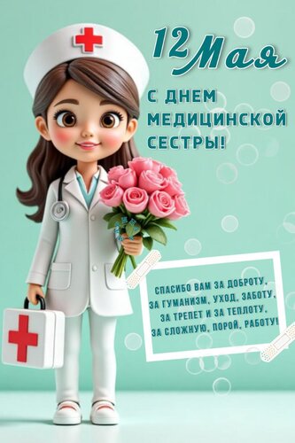 Открытка 12 МАЯ. ДЕНЬ МЕДИЦИНСКОЙ СЕСТРЫ! СПАСИБО ВАМ ЗА ДОБРОТУ, ЗА ГУМАНИЗМ, УХОД, ЗАБОТУ, ЗА ТРЕПЕТ И ЗА Т