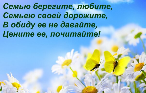 Открытка Семью берегите, любите, Семьею своей дорожите, В обиду ее не давайте, Цените ее, почитайте!