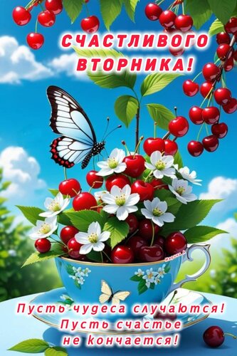 Открытка СЧАСТЛИВОГО ВТОРНИКА! ПУСТЬ ЧУДЕСА СЛУЧАЮТСЯ! ПУСТЬ СЧАСТЬЕ НЕ КОНЧАЕТСЯ!