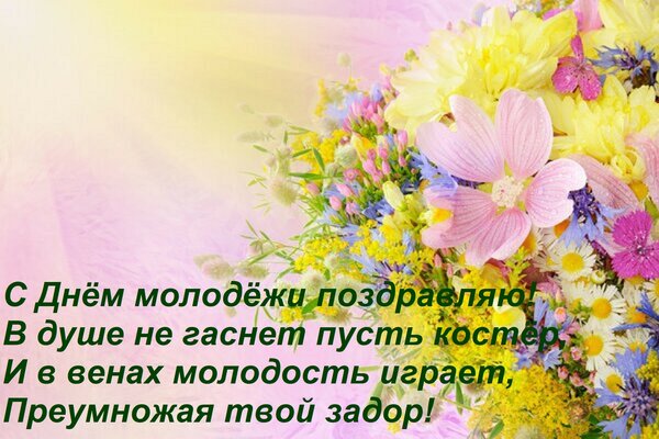 Открытка С Днём молодёжи поздравляю! В душе не гаснет пусть костёр, И в венах молодость играет, Преумножая тв