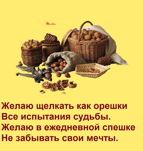 Открытка Желаю щелкать как орешки Все испытания судьбы. Желаю в ежедневной спешке Не забывать свои мечты.