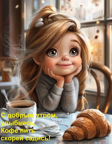 Открытка С добрым утром, улыбнись, Кофе пить скорей садись!