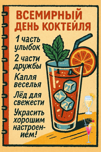 Анимированная открытка Всемирный день коктейля. 1 часть улыбок. 2 части дружбы. Капля веселья. Лёд для свежести. Украсить х