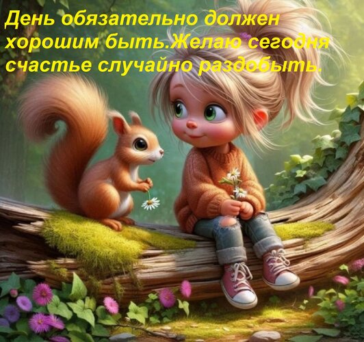 Открытка День обязательно должен хорошим быть.Желаю сегодня счастье случайно раздобыть.
