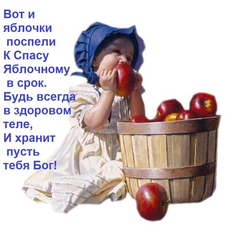 Открытка Вот и яблочки поспели К Спасу Яблочному в срок. Будь всегда в здоровом теле, И хранит пусть тебя Бог