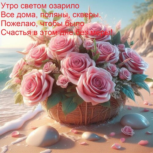 Открытка Утро светом озарило Все дома, поляны, скверы. Пожелаю, чтобы было Счастья в этом дне без меры!