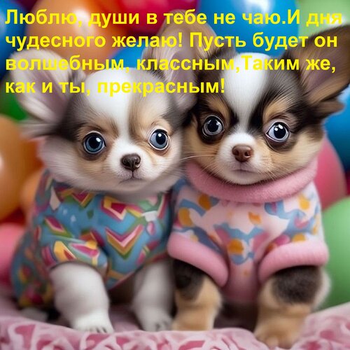 Открытка Люблю, души в тебе не чаю И дня чудесного желаю! Пусть будет он волшебным, классным, Таким же, как и