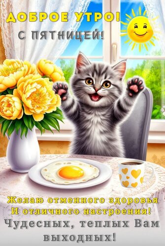 Открытка ДОБРОЕ УТРО! С ПЯТНИЦЕЙ! ЖЕЛАЮ ОТМЕННОГО ЗДОРОВЬЯ И ОТЛИЧНОГО НАСТРОЕНИЯ! ЧУДЕСНЫХ, ТЕПЛЫХ ВАМ ВЫХОД