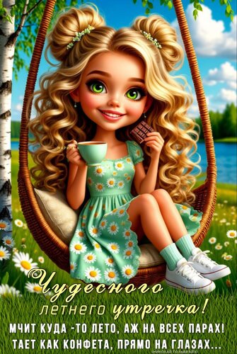 Открытка ЧУДЕСНОГО ЛЕТНЕГО УТРЕЧКА! МЧИТ КУДА - ТО ЛЕТО, АЖ НА ВСЕХ ПАРАХ! ТАЕТ КАК КОНФЕТА, ПРЯМО НА ГЛАЗАХ.