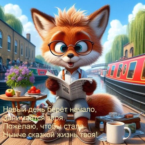 Открытка Новый день берёт начало, Занимается заря. Пожелаю, чтобы стала Нынче сказкой жизнь твоя!