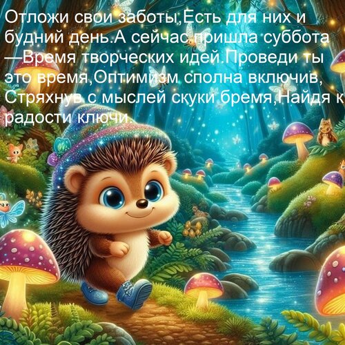 Открытка Отложи свои заботы,Есть для них и будний день.А сейчас пришла суббота —Время творческих идей. Провед